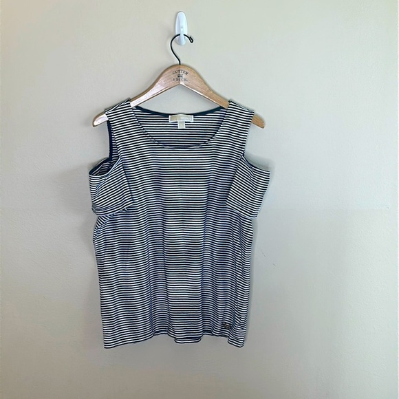 Michael Kors Cold Shoulder Short Sleeved Top Size XL Black White Striped - Picture 2 of 9